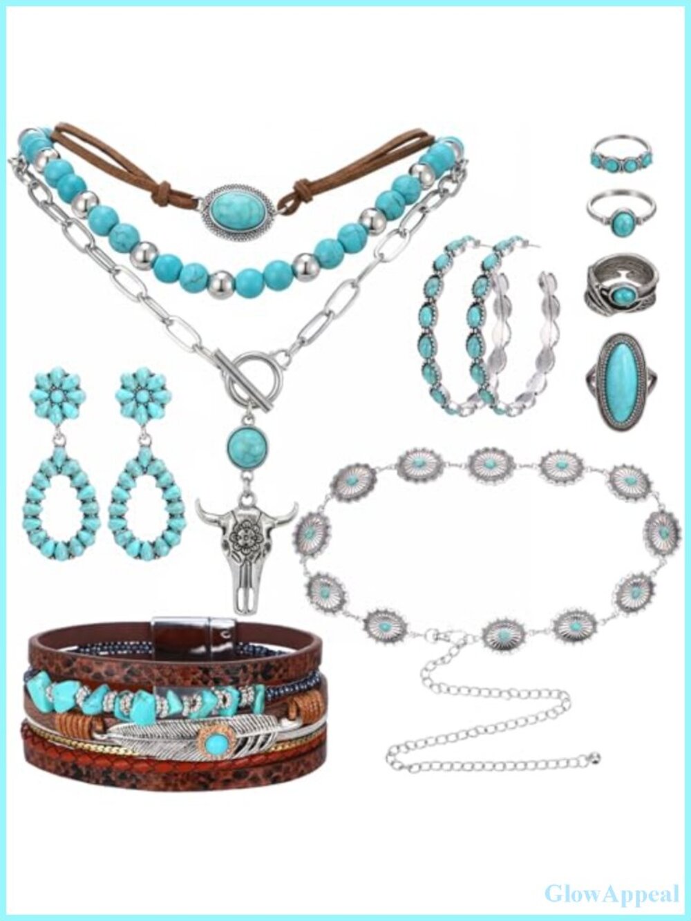 Western Boho Necklace Bracelet Earrings Ring Belt Set For Women